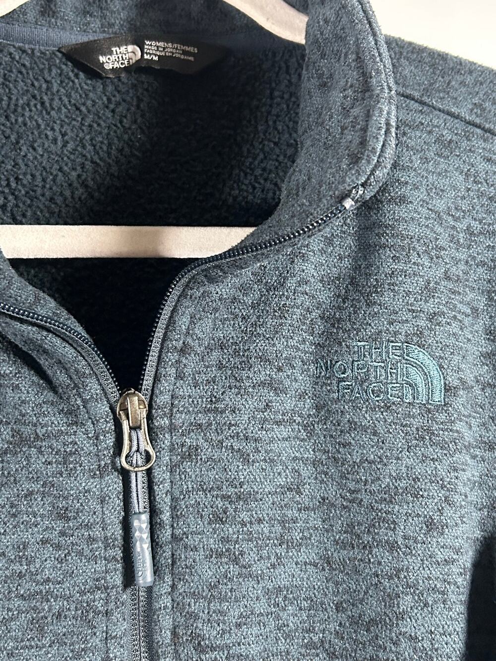 The North Face Womens M Blue Gray Full Zip Fleece Jacket Ribbed Panels